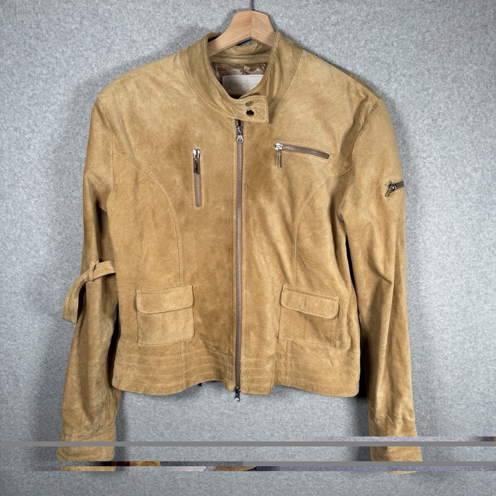 Vintage Brown Suede Leather Cafe Racer Moto Jacket Womens L Apropos